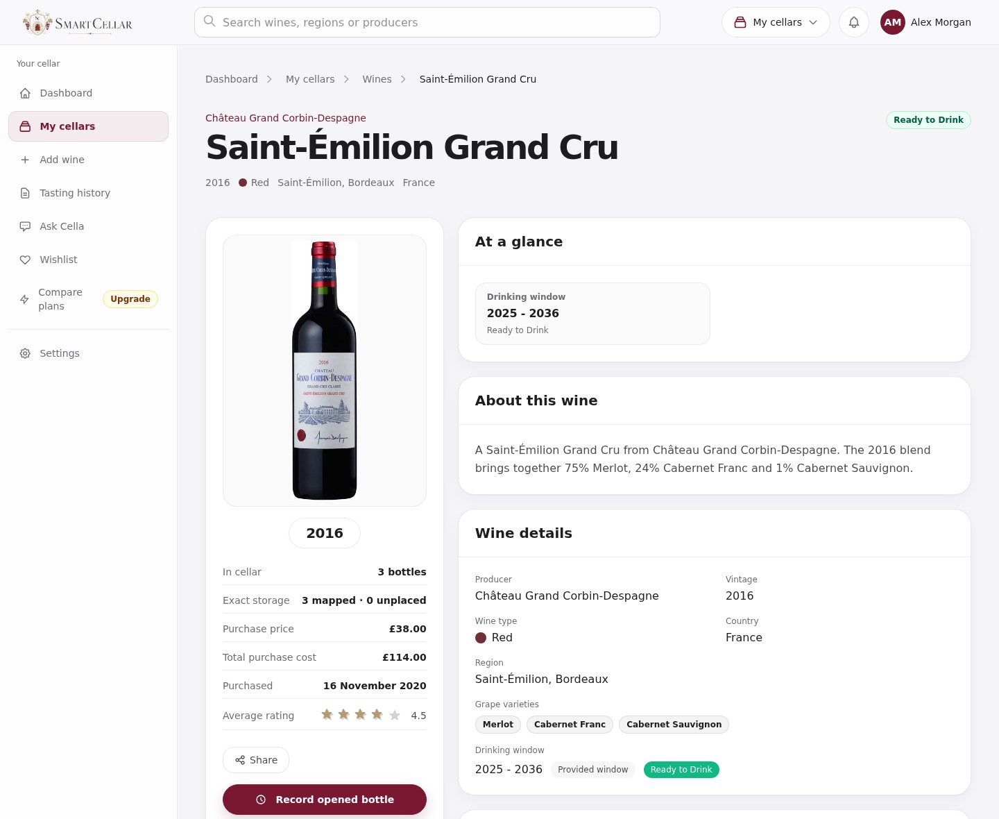 Château Grand Corbin-Despagne 2016 in SmartCellar, with grape varieties, purchase details and a personal drinking window