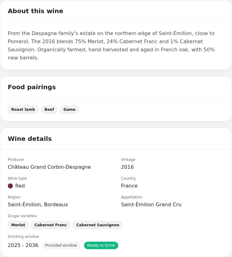 SmartCellar’s profile of Château Grand Corbin-Despagne 2016, showing the estate, grapes, food pairings, appellation and drinking window