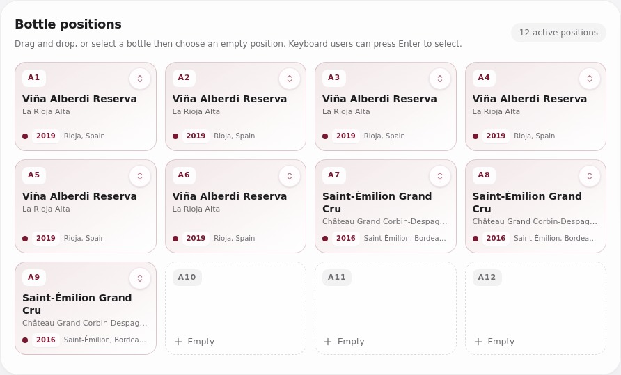 Rack A in SmartCellar: Viña Alberdi in positions A1–A6, Saint-Émilion in A7–A9, and three empty positions.